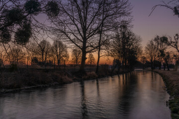 Morava river in LItovel town with sunrise colors on sky