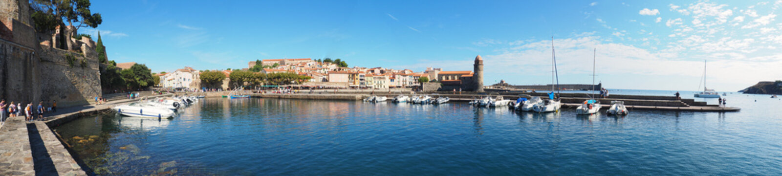 Panoramic view of the port of Banyuls, a small Mediterranean town in the Pyr&eacute;n&eacute;es-Orientales department in the Occitanie region, producing an excellent wine renowned throughout the world