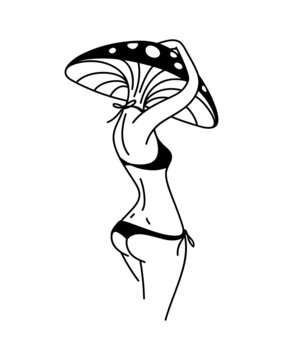 recommend clip art: Woman body with mushroom head. Mushroom girl. Woman line art. Magic mushroom.