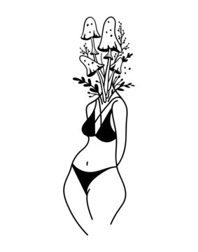 recommend clip art: Woman body with mushroom head. Mushroom girl. Woman line art. Magic mushroom.