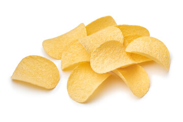 Heap of deep fried potato chips close up isolated on white background