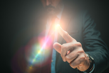 Business innovation, futuristic concept with businessman tapping virtual screen