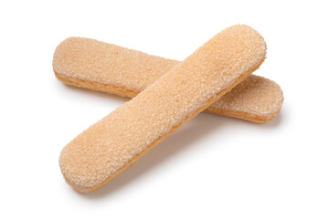  Pair of fresh traditional ladyfingers close up isolated on white background