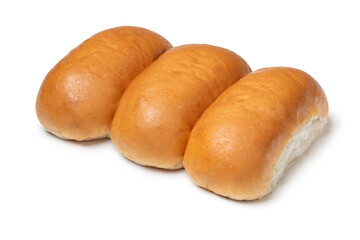 Three traditional Dutch white soft buns in a row isolated on white background
