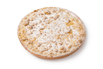 Whole traditional Dutch Apple crumble cake isolated on white background