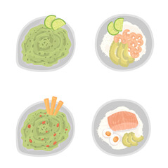 Hawaiian salmon, tuna and shrimp poke bowls with seaweed, avocado, cucumber, radish, rice,egg, broccoli, pickled ginger, sesame seeds. Top view, hand drawing. Vector graphics eps 10