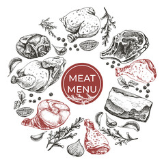 engraved style, meat, hand drawing, frame, menu design pieces of meat in black and red outline, spices, vector illustration, engraved style, meat, hand drawing, frame, menu design,