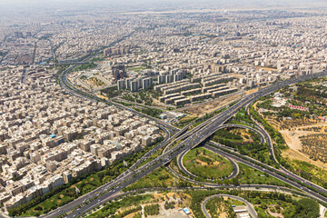 Aerial view of Hakim and Sheikh Fazlollah Nuri Expressways crossing in Tehran, capital of Iran.