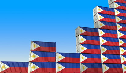 Industrial containers with flags of the Philippines making a rising graph. Economic growth related 3D rendering