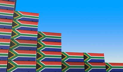 Flag of South Africa on containers forming declining trend of graph. National crisis or meltdown related conceptual 3D rendering