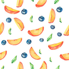 Watercolor seamless pattern. Watercolor fruits pattern. Watercolor blueberry and peach. Design with blueberries, peaches and leafs for textile, bedding, shop, banner, web, fabric, home decor, cards