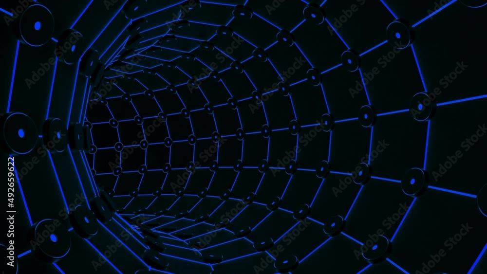 Poster moving inside tube like tunnel with neon lines. design. bright neon lines creating effect of the end
