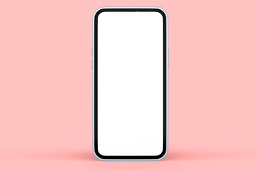 Realistic silver smartphone with blank white screen isolated on pink background