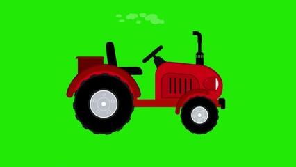 Animation of a red tractor. Cartoon tractor moving on the green screen background. Agricultural machinery. Flat design of farm car. Alpha channel. 4K.