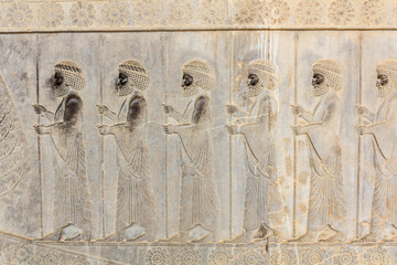 Immortal warriors bas relief in the ancient Persepolis, Iran