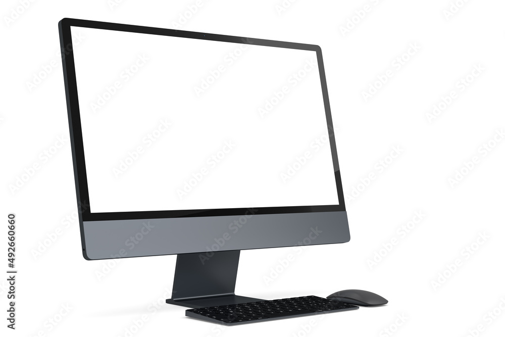 Poster realistic dark grey computer screen display with keyboard and mouse on white