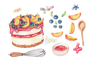 Watercolor cheesecake. Watercolor food illustration. Cheesecake with blueberry, peach. Cake with fruits. Design for logo, banner, baking, decoration , bakery, menu, cuisine, kitchen, menu, recipe