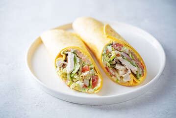 Corn tortilla with chicken and vegetables in a plate