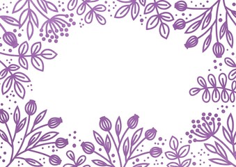 Leaves, flowers and twigs on a purple violet white background. Plant frame with floral design. Space for text and graphic design. Festive background with a pattern of twigs.