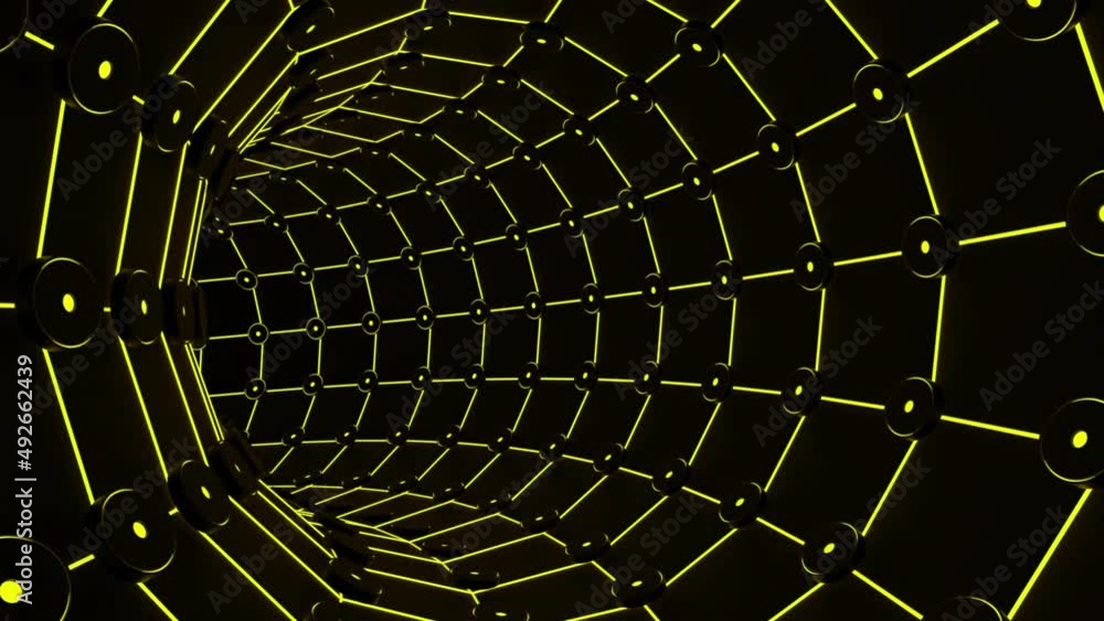 Poster moving inside tube like tunnel with neon lines. design. bright neon lines creating effect of the end