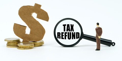 On a white surface, a dollar symbol, a human figure and a magnifying glass with the inscription - TAX REFUND