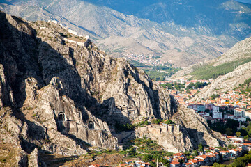 Fototapeta na wymiar Mountains, historical castle view and rock tombs view Amasya province