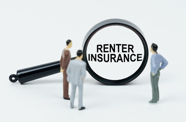 On a white background, figures of businessmen and a magnifying glass with the inscription - RENTER INSURANCE