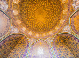 ISFAHAN, IRAN - JULY 10, 2019: Dome of Sheikh Lotfollah Mosque in Isfahan, Iran