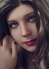 A 3d digital rendering of a close up of a young woman's face and hand with a cross on a choker.