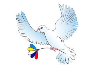 Dove of peace. A dove holds a flower in the colors of the flags of Russia and Ukraine. Conflict between Russia and Ukraine. Stock vector illustration isolated on white background