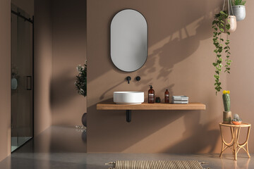 Modern minimalist bathroom interior, pastel decor concept, modern wooden bathroom furniture with interior plants. 3d rendering
