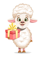 Cheerful, cute and cartoon sheep holding a gift