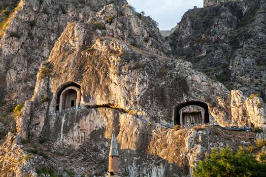 View of the rock tombs of the Pontos kings and ancient cave	