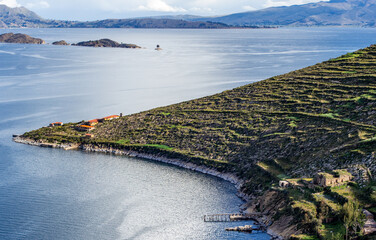 Geographical detail of the Isla del Sol (Island of the Sun) on the Lake Titicaca Copacabana,...