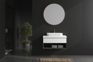 Dark bathroom interior with concrete floor, shower cabin and oval mirror, plant, front view. Minimalist black bathroom with modern furniture. 3d rendering
