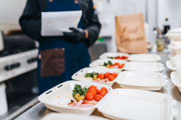 The chef prepares food in the restaurant and packs it in disposable lunch boxes. Food in disposable...