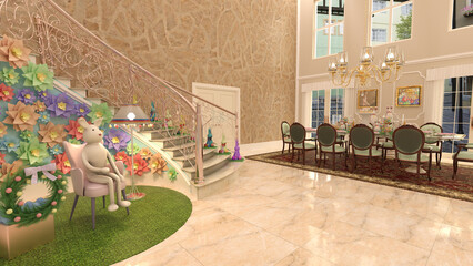 Celebratory Easter house decoration with Easter bunnies, Easter eggs.