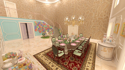 Celebratory Easter house decoration with Easter bunnies, Easter eggs.