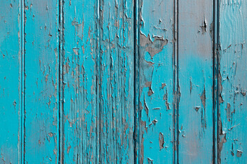 Fototapeta na wymiar Blue paint peeling off of an old wooden surface texture
