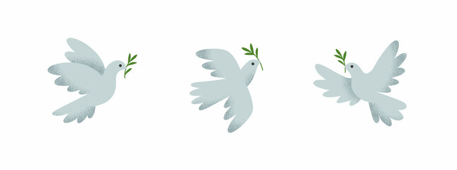Three doves of peace icons in vector. Flying pigeon holding an olive branch illustration. - 492666011