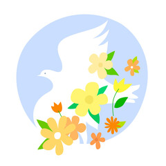 White dove of peace with yellow flowers and plants. Symbol. No war. Support, help Ukraine. Vector