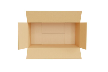 Opened empty brown cardboard box, top view. Mockup template carton box isolated on white background. Rectangle format. Delivery concept. 3d render illustration.	