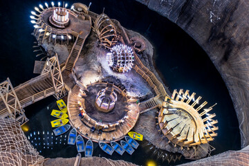 Underground lake in Salt Mine Salina Turda, Romania. Popular tourist destination.