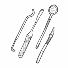 Set for Dentistry Inspection on a Doodle hand draw style. Professional Dental Oral Care Stainless Steel Tools.