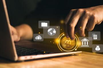 cryptocurrency and online business concept, futer money concpet. businessman using laptop for making a transaction by cryptocurrency.