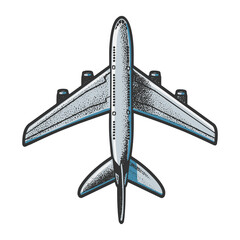 passenger plane top view color sketch engraving vector illustration. T-shirt apparel print design. Scratch board imitation. Black and white hand drawn image.