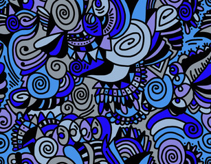 Abstract drawing of black lines painted in blue colors.Seamless background.
