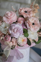 Preserved flowers bouquet closeup. Eternal, stabilized, forever rose flower.