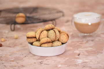 Baci di dama homemade italian hazelnut biscuits cookies with chocolate.