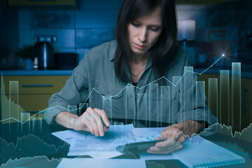 Increasing hologram diagram of inflation rate with businesswoman calculate cost on background....